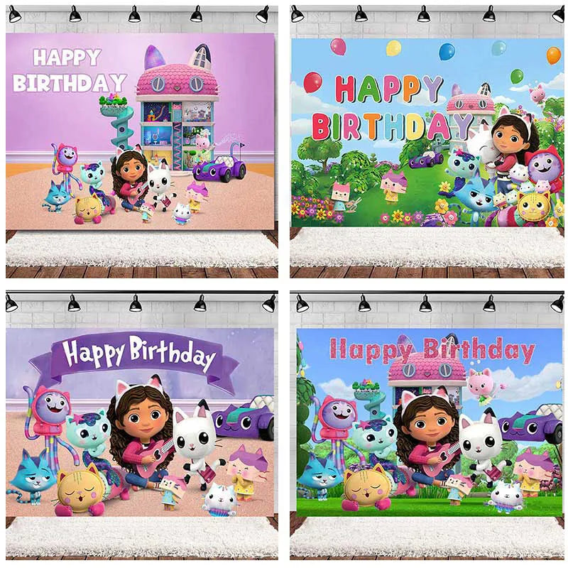 Gabbi Dollhouse Backdrop Girl And Cat Birthday Supplies Party Banner Kid Cartoon Balloon Decoration Background Photography
