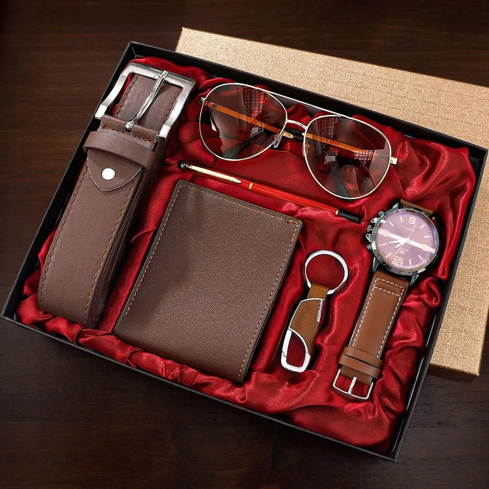 Luxury Men's 6-in-1 Gift Set: Watch, Glasses, Pen, Keychain, Belt & Wallet