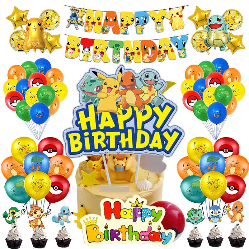 🔵 Pikachu Pokemon Doğum Günü Partisi Malzemeleri Dekorasyon Kek Stand Balon Banner - Kıbrıs