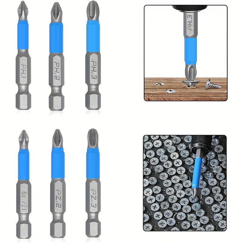 6pcs Magnetic Anti Slip Screwdriver Bit Set, Phillips & Pozi, 50mm Length, 1/4" Hex Shank - Cyprus