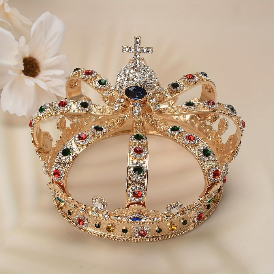 Élégant baroque King Crown Tiara - alliage d'or avec strass pour Halloween