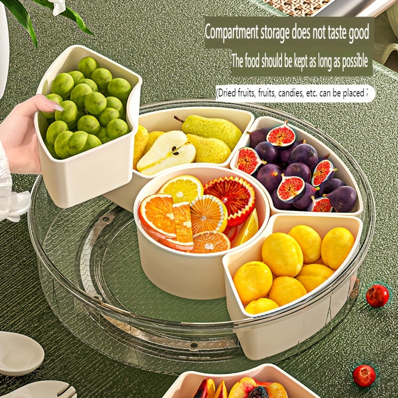 360° Rotating Snack Tray with Lid - 6-Compartment for Fruits, Chips & Candy