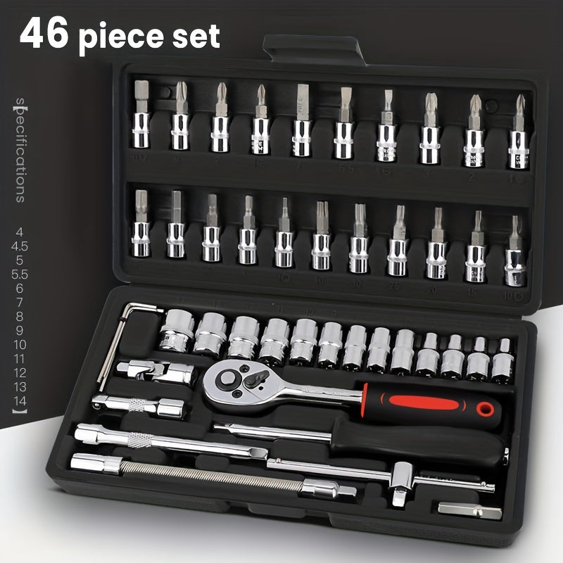 46pcs 2.54/10.16 Cm Drive Socket Ratchet Wrench Set, With Bit Socket Set, Metric And Extension Bar For Auto Repairing And Household, With Storage Case