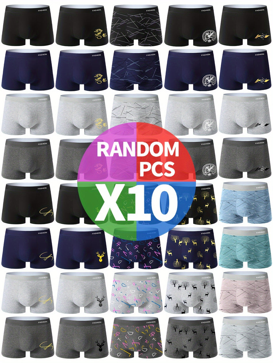 10pcs Men's Antibacterial Random Print Boxer Briefs Shorts - Cyprus