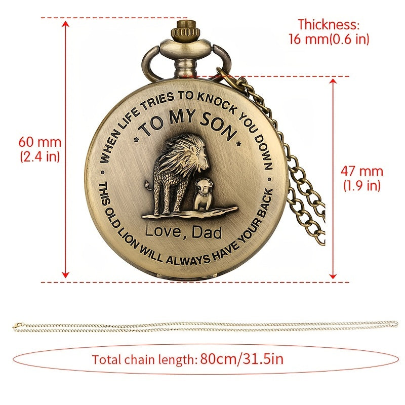 "To My Son Lion Love" Creative Lettering Pocket Watch & Necklace Chain - Cyprus