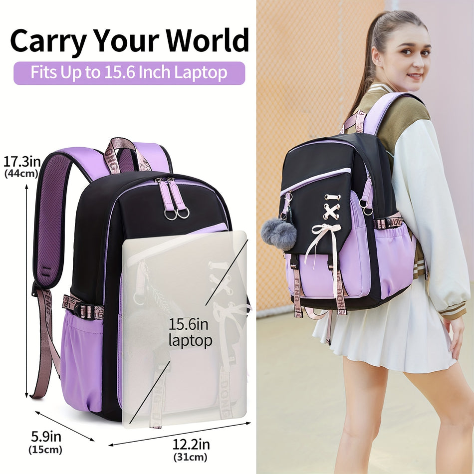 Fashionable Girl School Backpack with Plush Ball Detailing - Cyprus