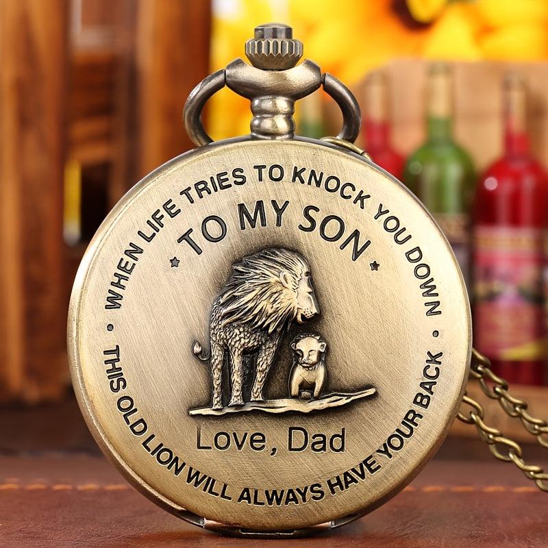 "To My Son Lion Love" Creative Lettering Pocket Watch & Necklace Chain - Cyprus