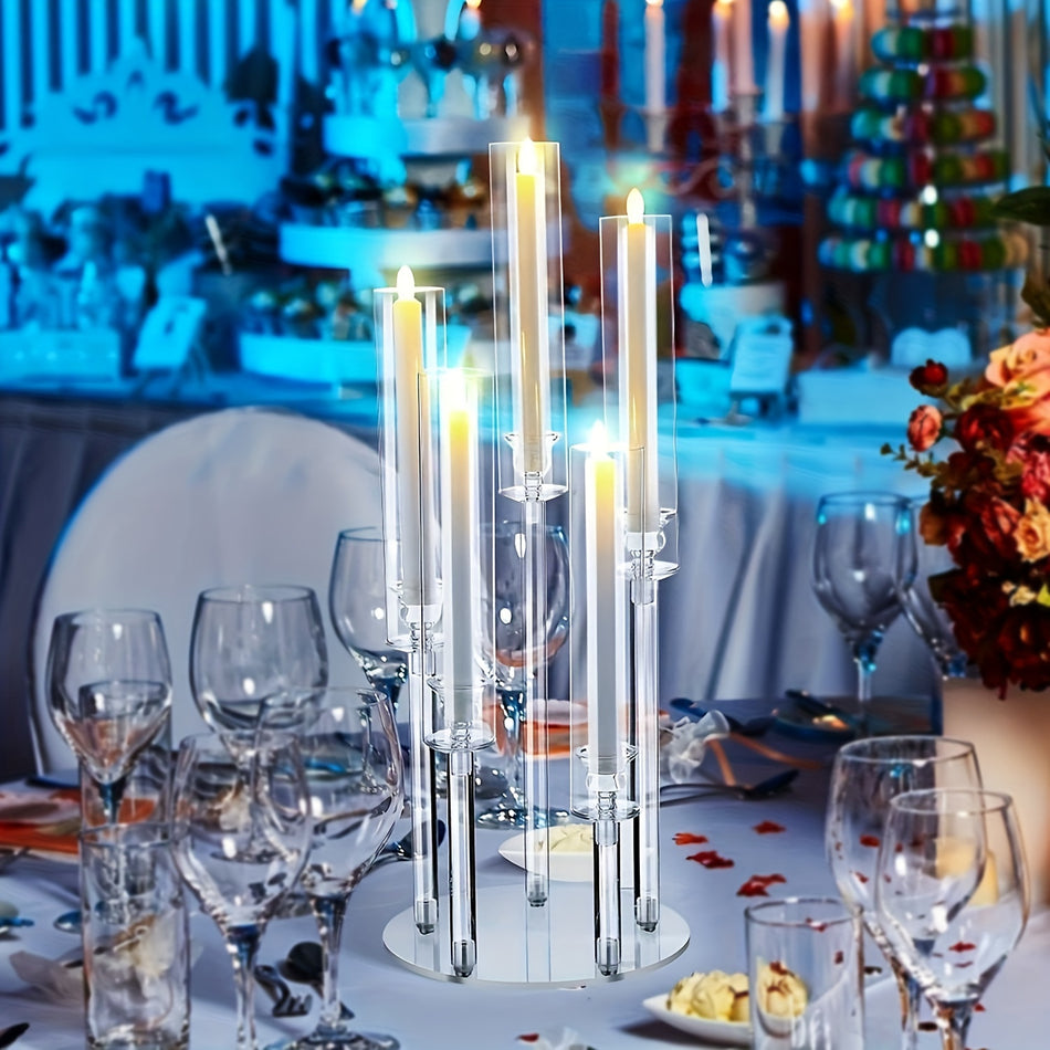 5-Arm Acrylic Candelabra Candle Holder - Wind-Resistant For Electronic Candles - Home & Dining Table Decor, 21.84cm Base - Cyprus