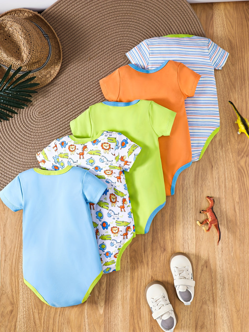 5pcs Color Clash Bodysuit For Babies, Comfy Short Sleeve Top, Baby Boy's Clothing, As Gift