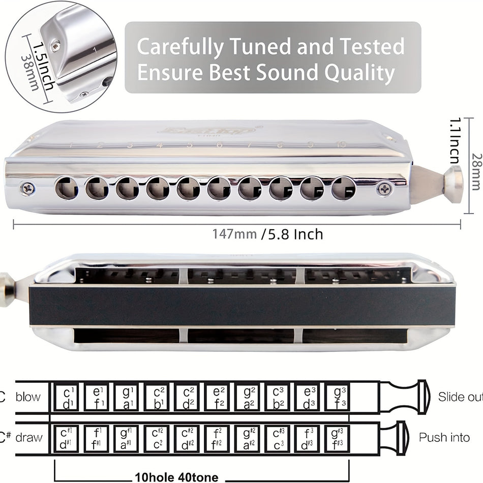 Harmonica chromatique professionnelle en C - 10 trous, 40 tons avec étui