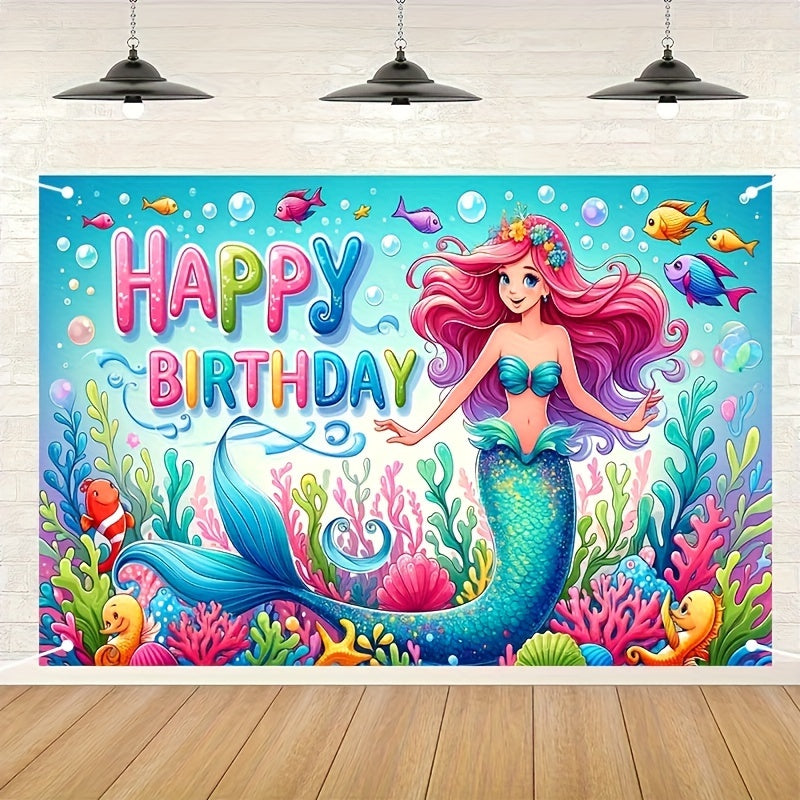 🔵 Mermaid Happy Birthday Photo Props And Polyester Banner - Party Wall Decor And Supplies - Cyprus