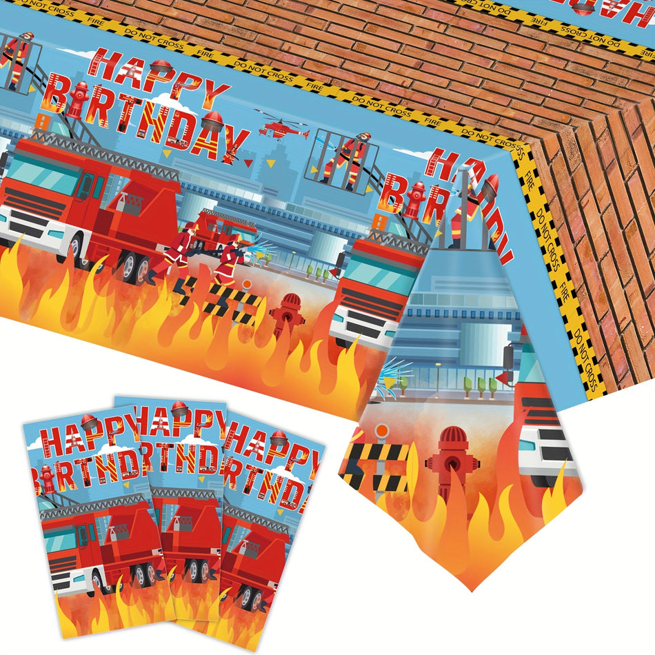 🔵 Firefighter Happy Birthday Party Tablecloth - Fire Truck Theme Birthday Party Supplies - Cyprus