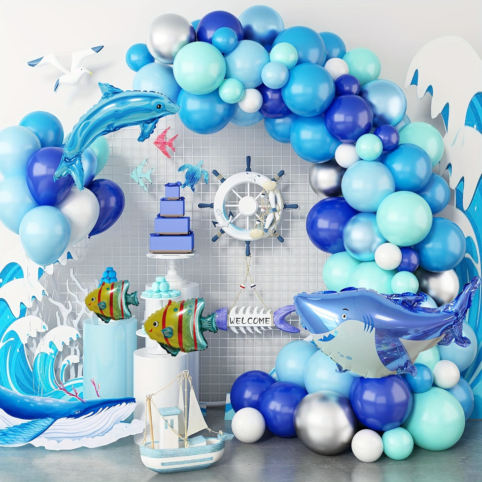 "106Pcs Shark Ocean Balloon Set - Blue Arched Party Decoration - Various Blue Shades & White, 14+ Age Group - Cyprus"