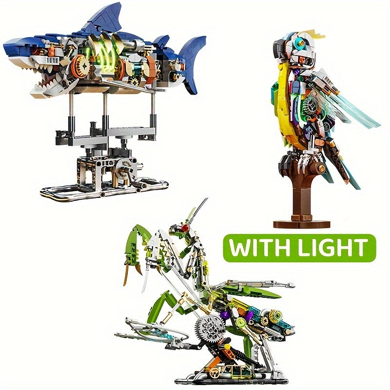 Ocean Life Building Blocks Set - Mechanical Shark, Parrot & Mantis with Lights