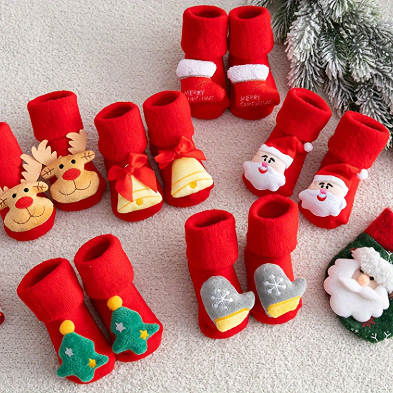 1 Paar Weihnachtssocken von kleinen Mädchen, niedliche Cartoon 3D-Weihnachtszubehör, dicke Baumwollsocken, rote, rutschfeste Bodensocken