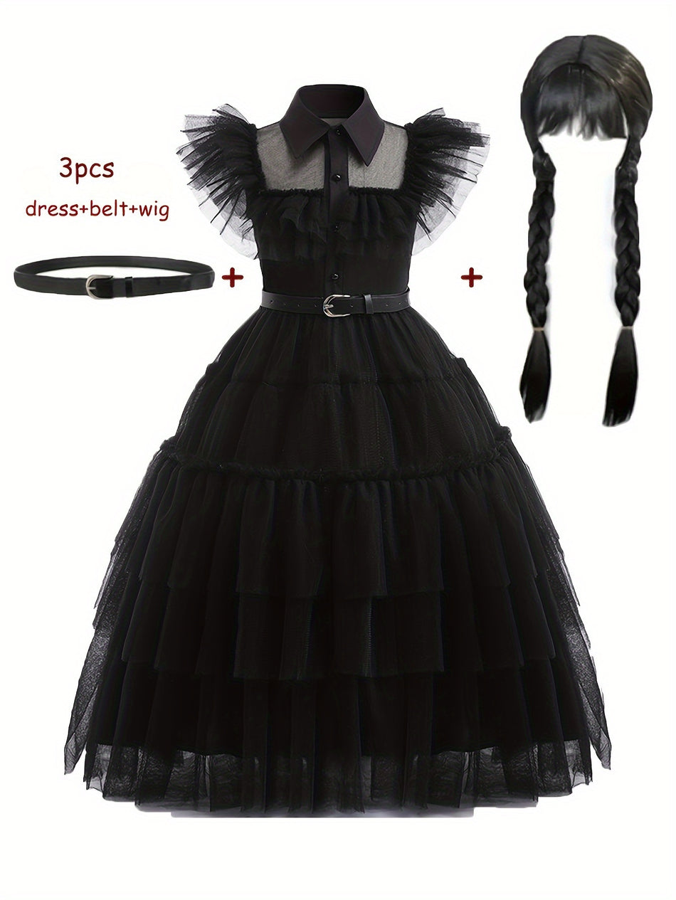 Halloween Girls '3 Packs Cosplay -Kostüme Schwarz Tutu Kleid + Perücke + Gürtel Set Kinderkleidung Geschenk