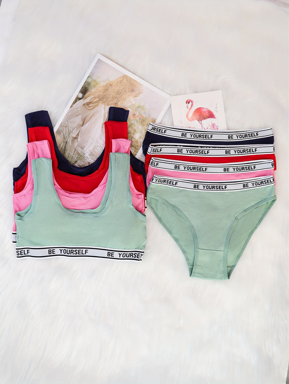 8pcs Set Cotton Girls Briefs + Bralette Simple Solid Color Letter Print Elastic Waist Girls Soft Casual Underwear Set For 12-16 Y