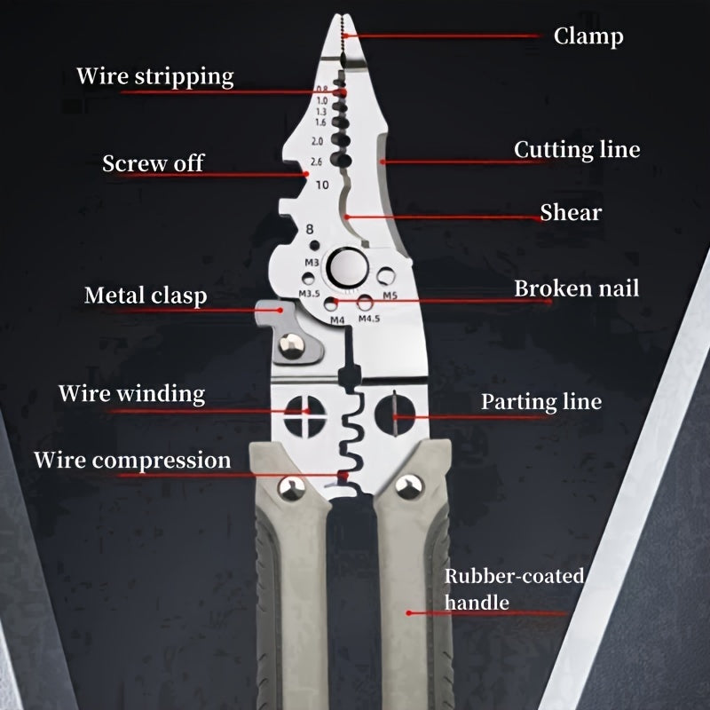 Multi-functional Stainless Steel Wire Cutter and Stripper Pliers - 21.59cm Industrial Grade