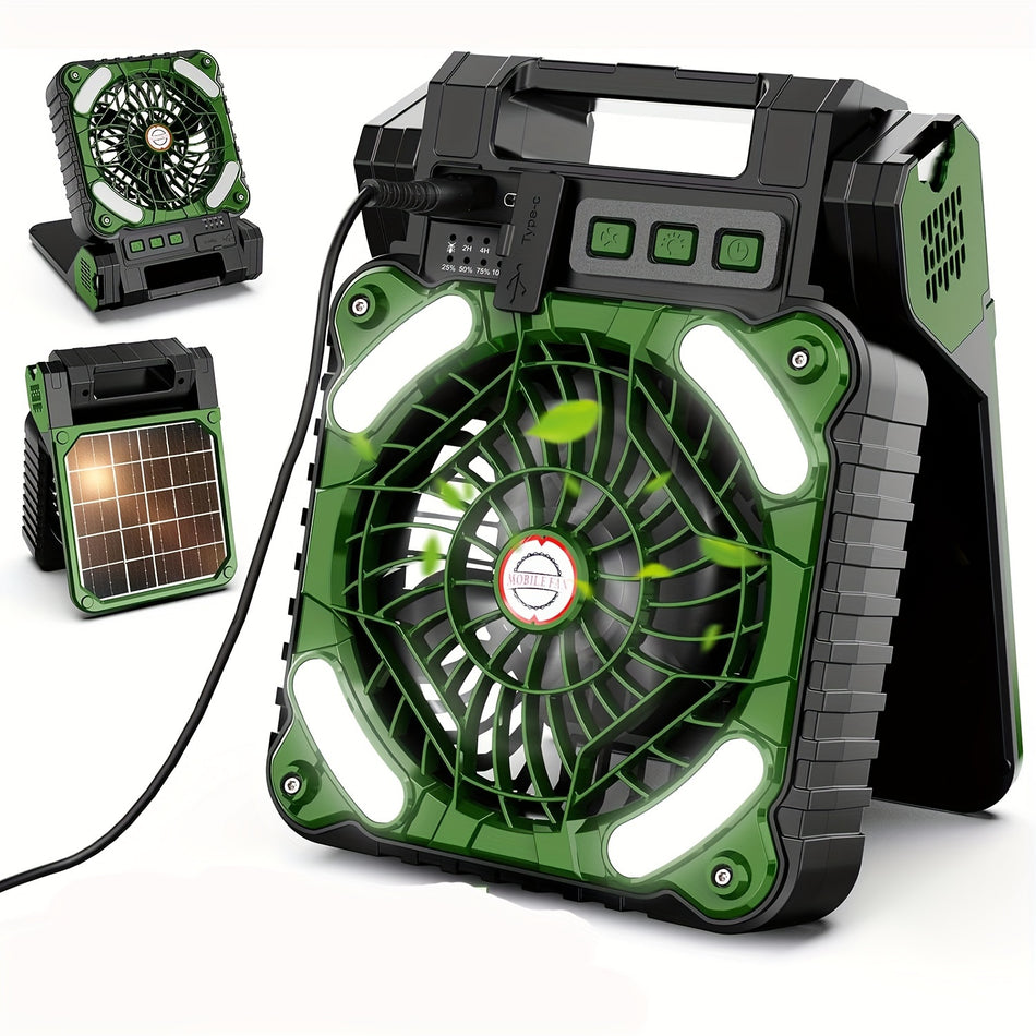 Solar Powered Camping Fan with LED Lantern, 4 Speeds, Power Bank - Cyprus