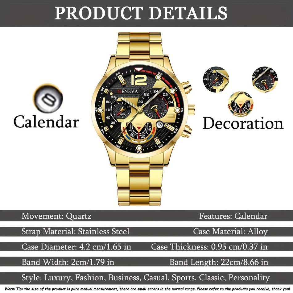 Men's Business Calendar Stainless Steel Quartz Wristwatch & Bracelet Set - Cyprus