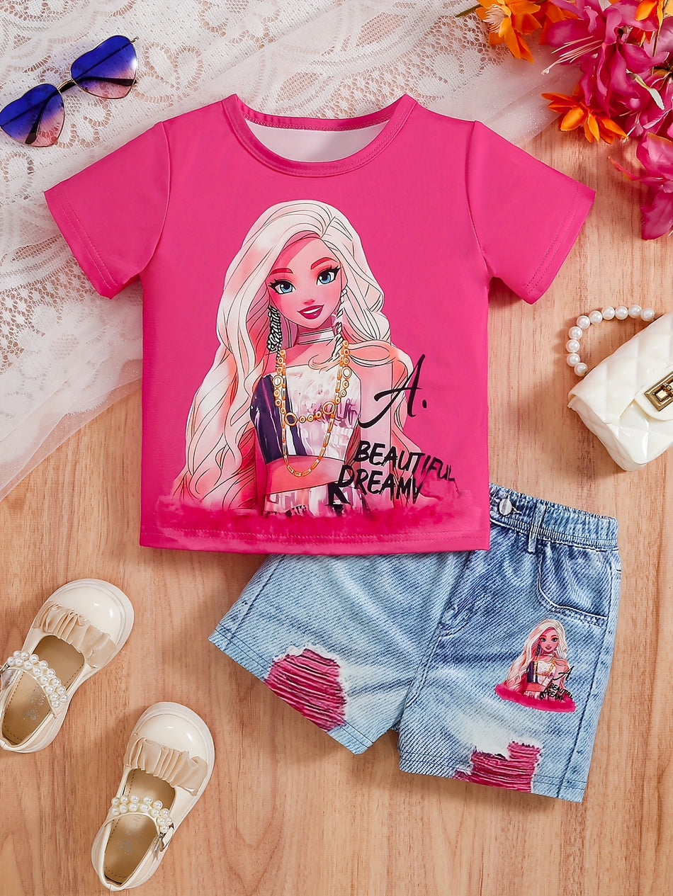 Cartoon Print Top + 3D Graphic Shorts Set - Cyprus