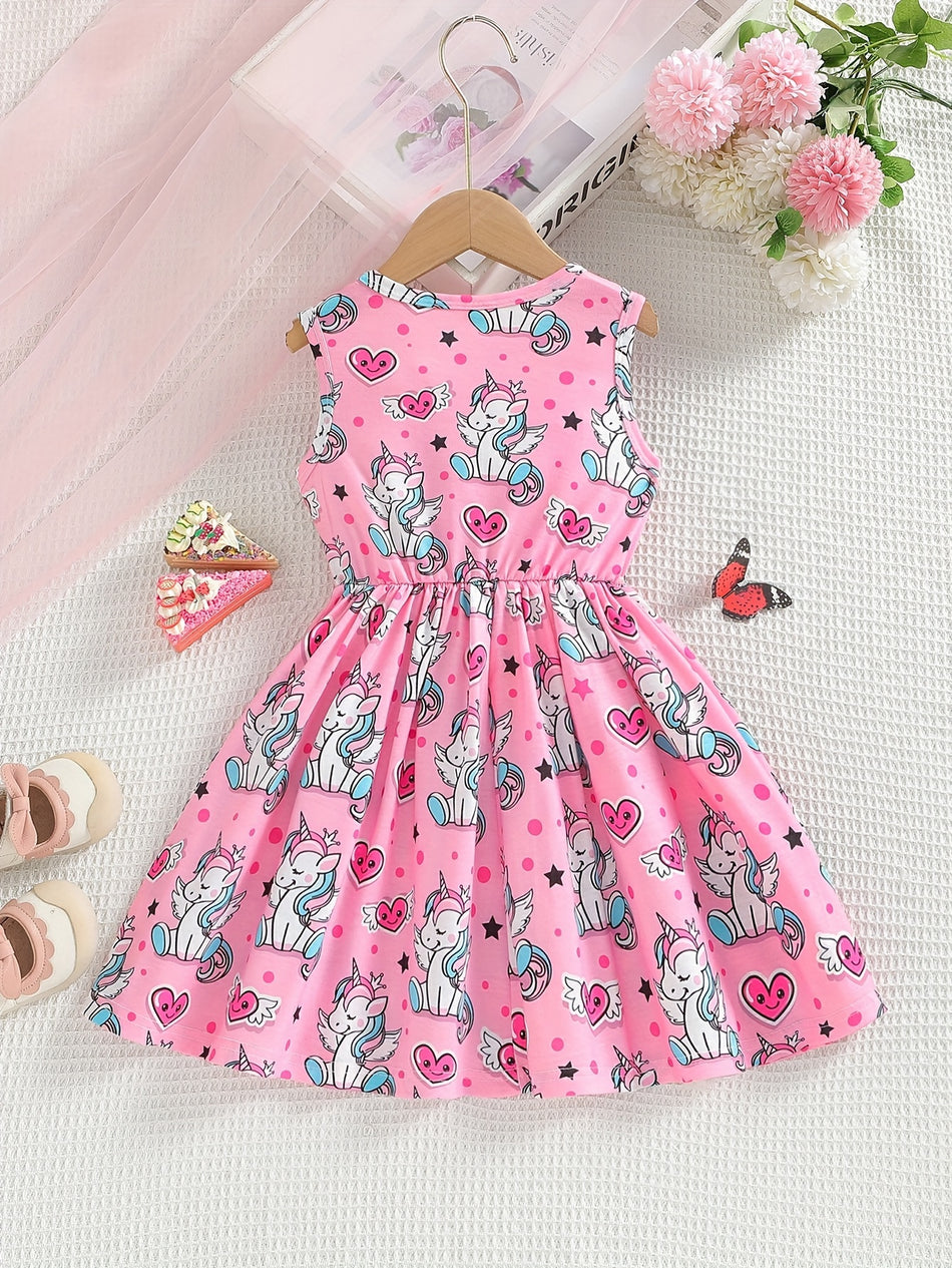 Unicorn Print Swings Sleeveless Dress - Girls Vacation A-line Sundress - Summer Gift - Cyprus