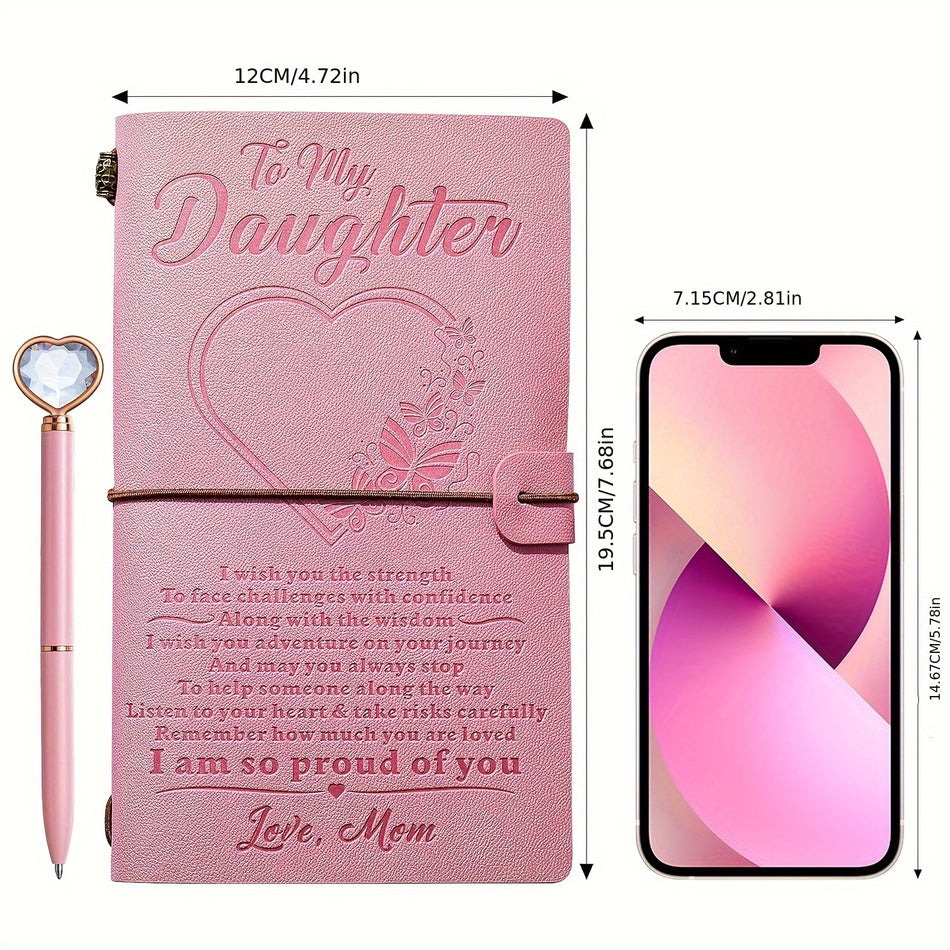 Daughter's Pink Leather Journal & Heart Diamond Pen Set - Cyprus