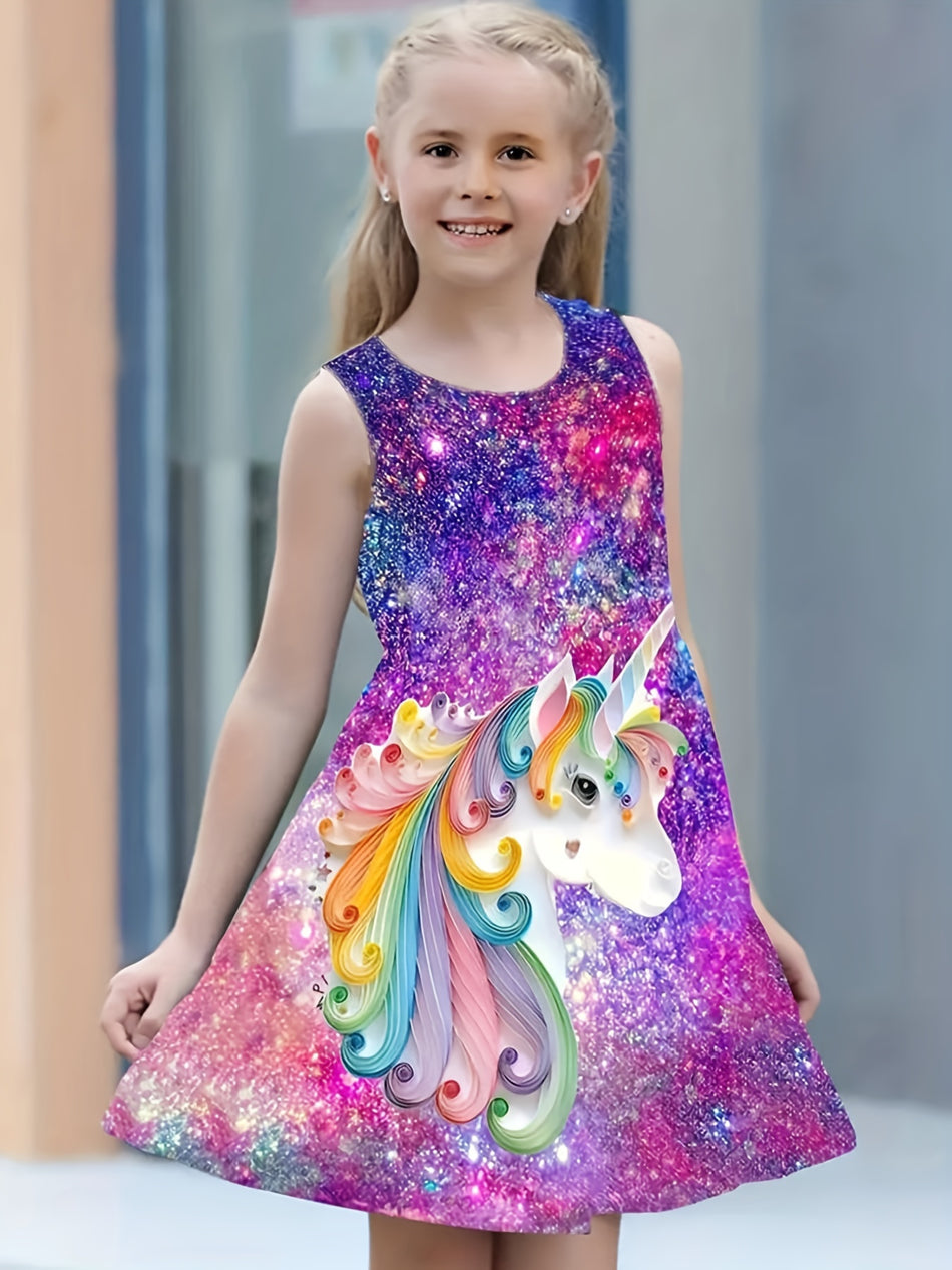 Rainbow Unicorn Baskı Kolsuz A -Line Sıradan Elbise Moda Kızlar İçin - Kıbrıs