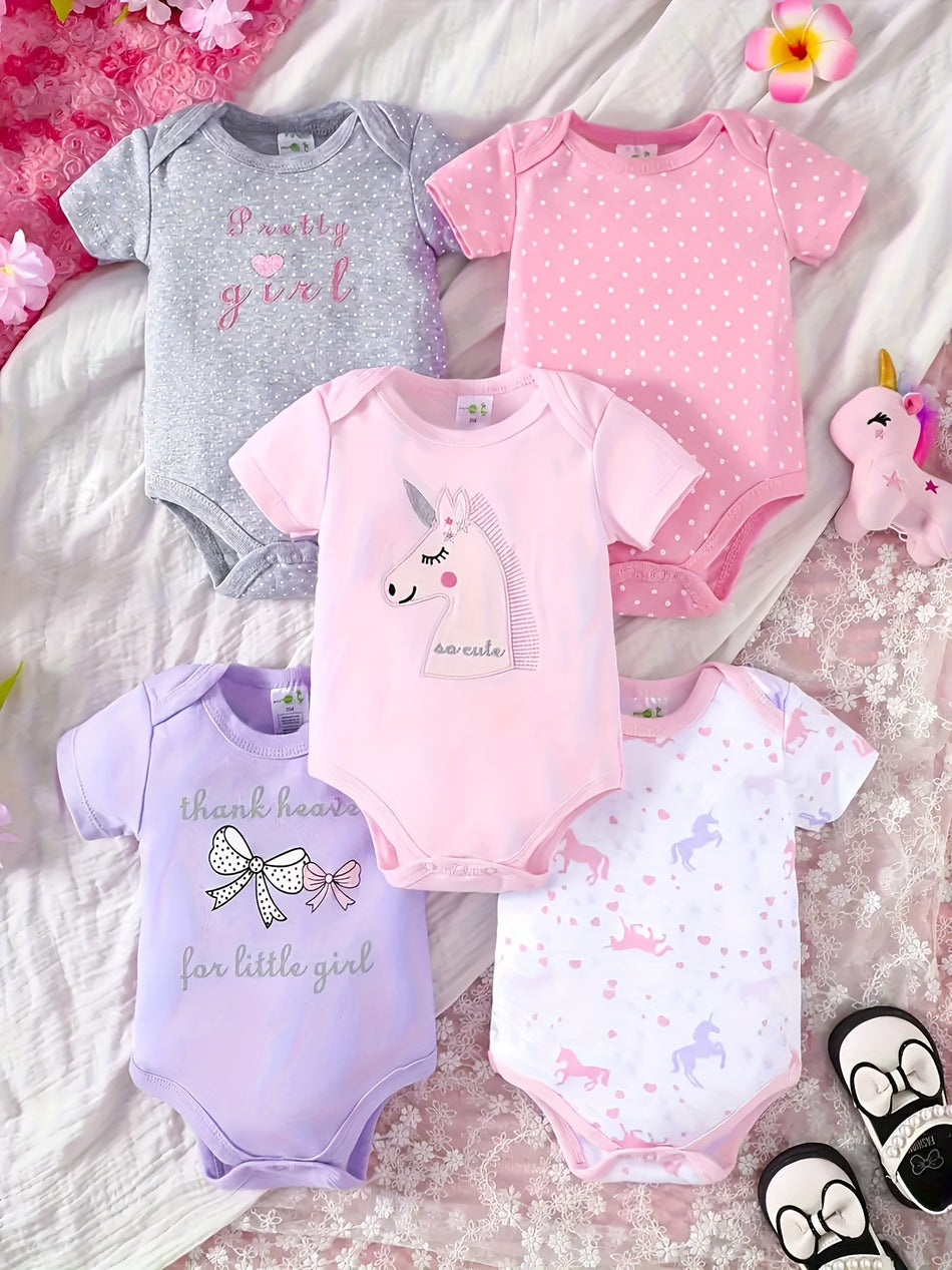 5pcs Baby's Comfy Cotton Short Sleeve Triangle Bodysuit, Unicorn & Bowknot & Letter & Polka Dots Pattern, Toddler & Infant Girl's Onesie Set For Summer