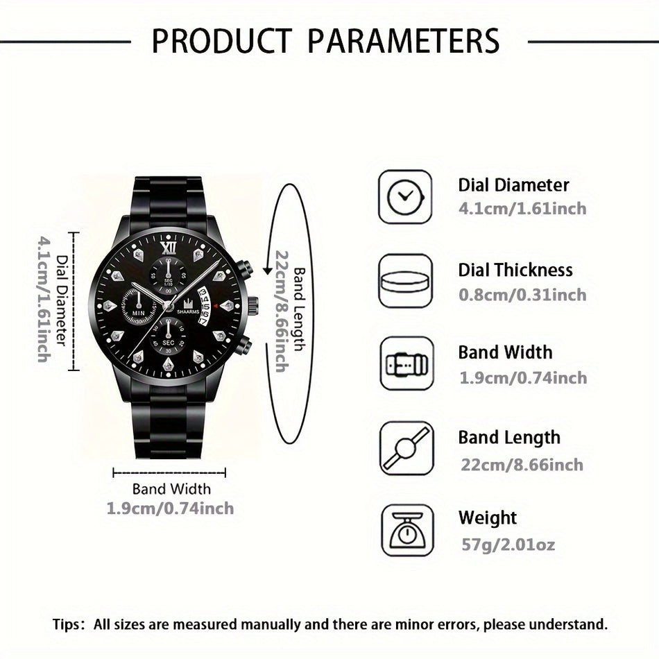 ساعة كوارتز رجالية أنيقة ومجموعة مجوهرات من الفولاذ المقاوم للصدأ - مثالية للهدايا - قبرص