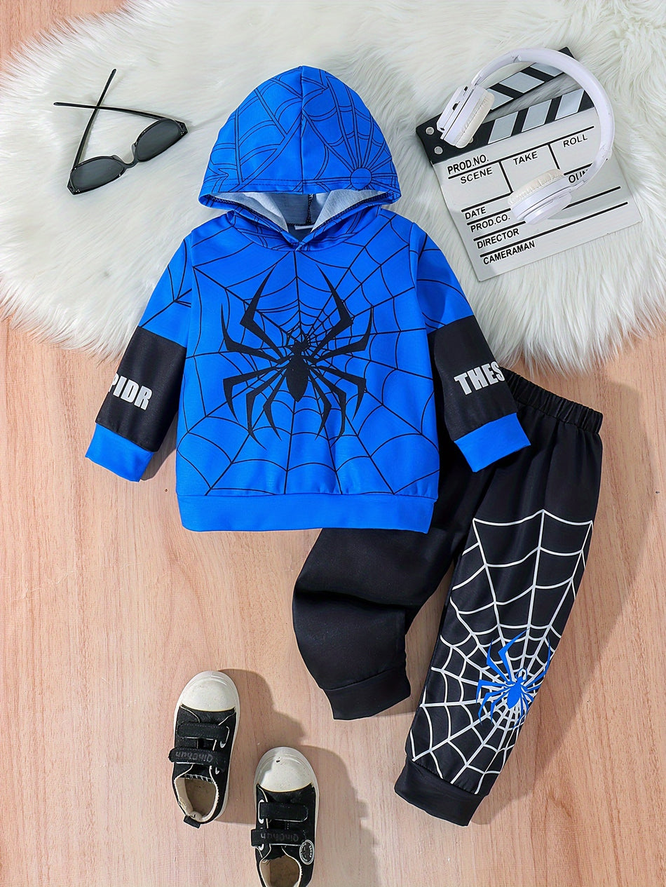 2pcs Boy's Cartoon Spider Print Hooded Outfit, Web Pattern Thin Hoodie & Pants Set, Kid's Clothes For Spring Fall, As Gift