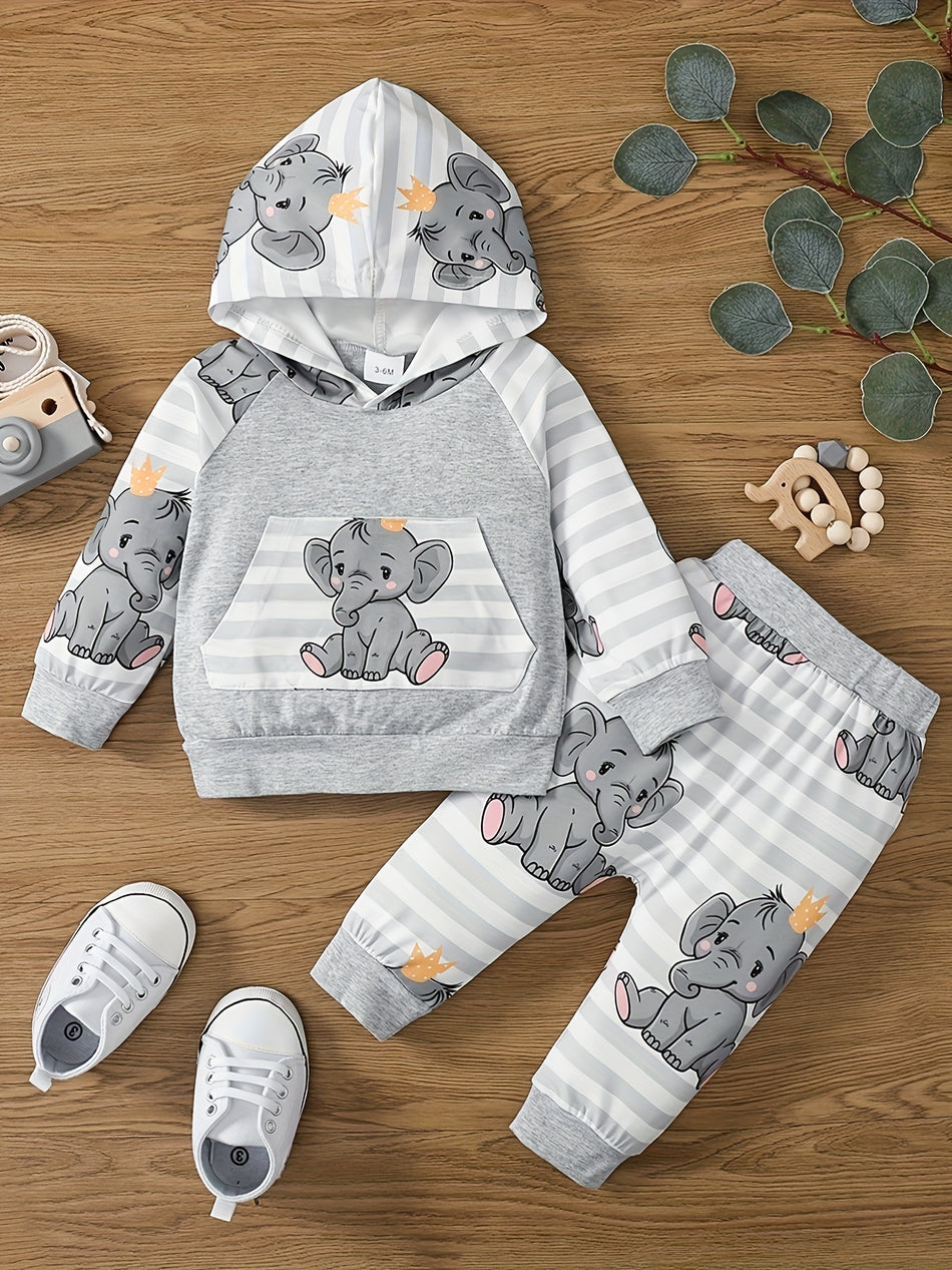 Der Elefanten -Cartoon -Drucken von Baby Boy Hooded Top + Hosen Set - Zypern