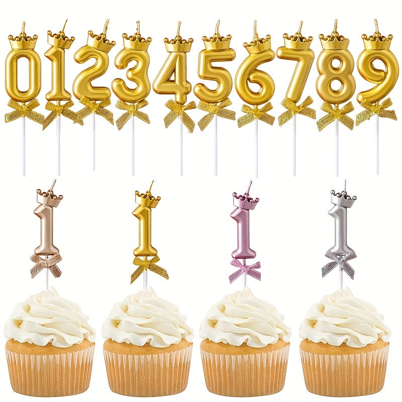 1pc, 0-9 Number Birthday Candles, Number Candle With Crown And Bow Decor Cake Topper Number Candles For Birthday Cakes Wedding Anniversary Graduation Festival Party