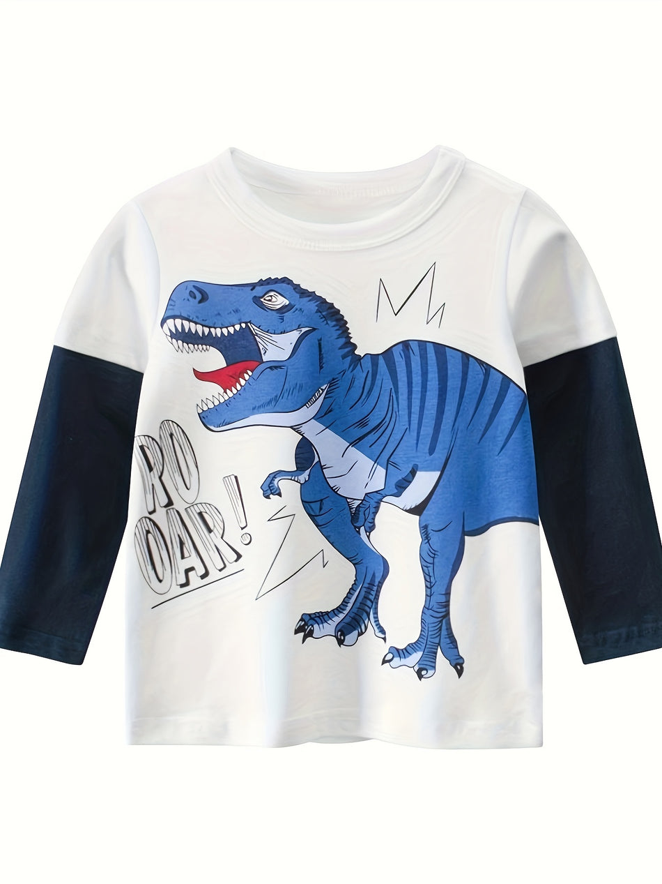 4pcs Cartoon Dinosaur Print Boys Удобные универсальные футболки с длинным рукавом