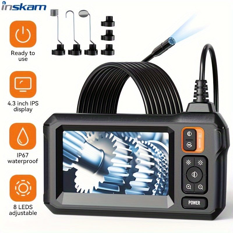 INSKAM 8mm Industrial Endoscope with 4.3-inch IPS Screen - Waterproof Borescope Camera