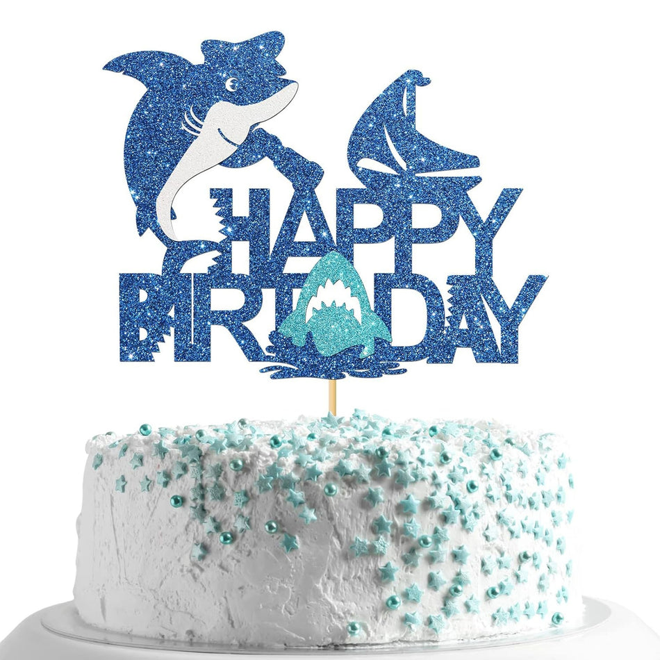 🔵 Glitter Shark Doğum Günü Pastası Topper - Doğum günleri ve bebek duşları için ideal - Kıbrıs