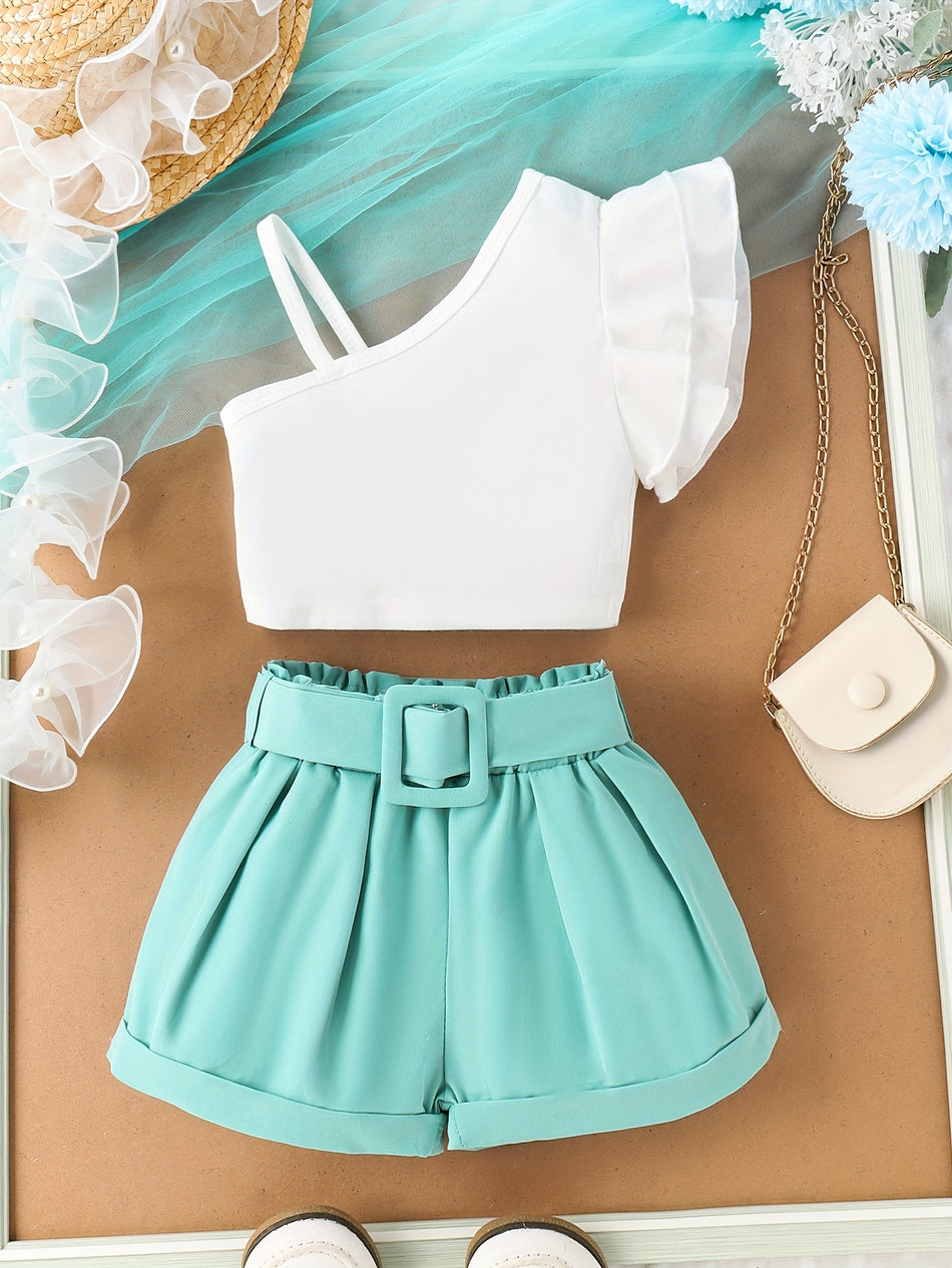 Elegant Solid Flutter Trim Top + Belted Shorts Set - Cyprus