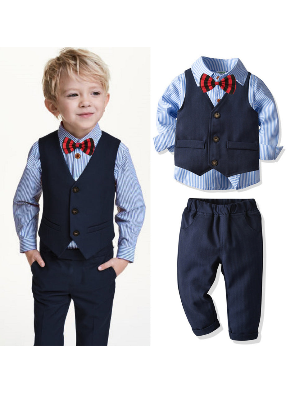 Boys Gentleman Suit Set, Striped Cotton Long Sleeve Shirt With Bow Tie, Waistcoat & Long Pants, Party Birthday Pageboy Outfit, Formal Attire