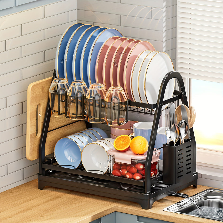 Large Capacity Multifunctional Dish Drying Rack with Cup and Cutlery Holders