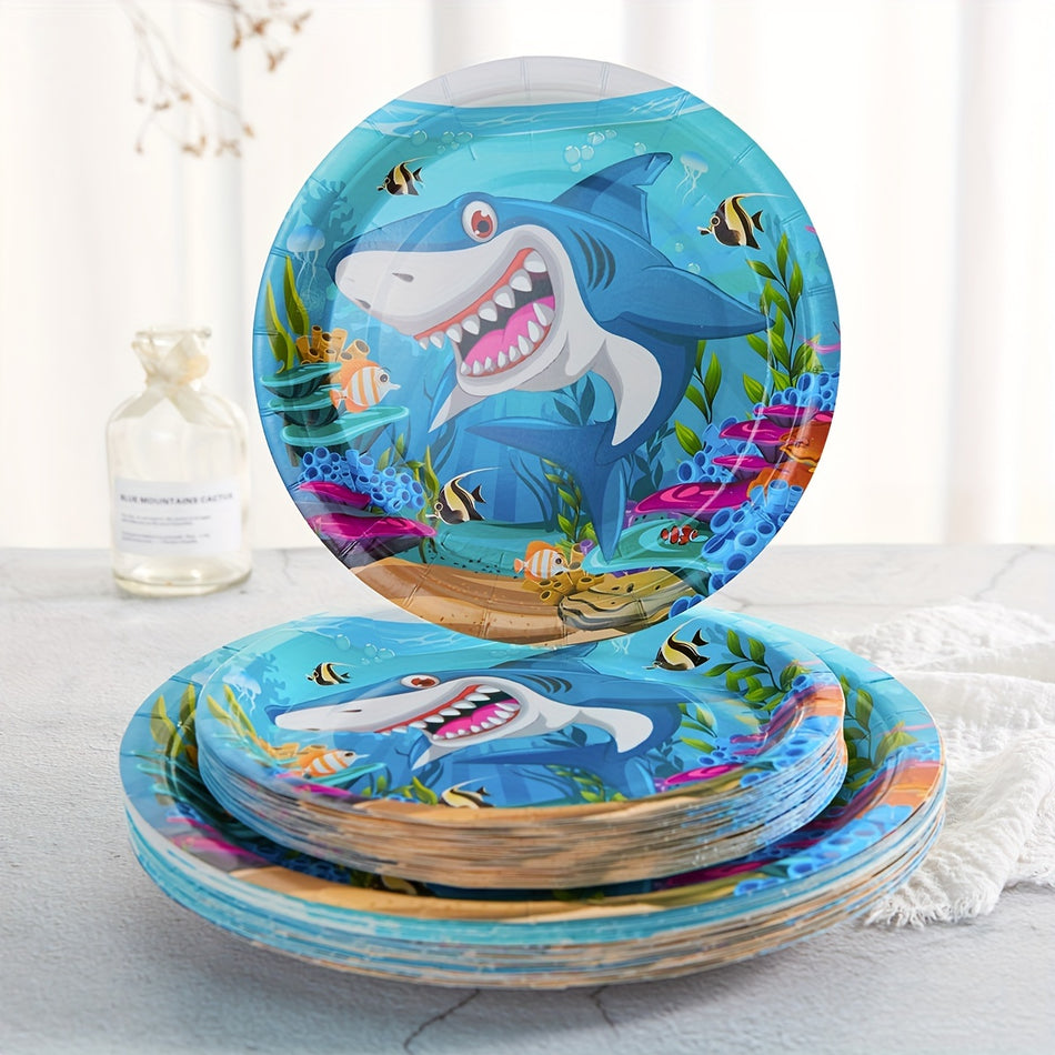 🔵 24 Konuk için Set Shark Partisi Malzemeleri - Doğum Günü Havuzu Partisi Dekorasyonu için Blue Sea Shark Sofra Takımı - Kıbrıs