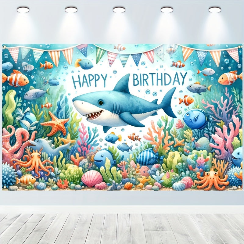 🔵 Karikatür Köpekbalığı Teması Mutlu Yıllar Banner - Bebek Duş ve Doğum Günü için Çok Amaçlı Parti Tedarik, Oda Dekoru - Kıbrıs
