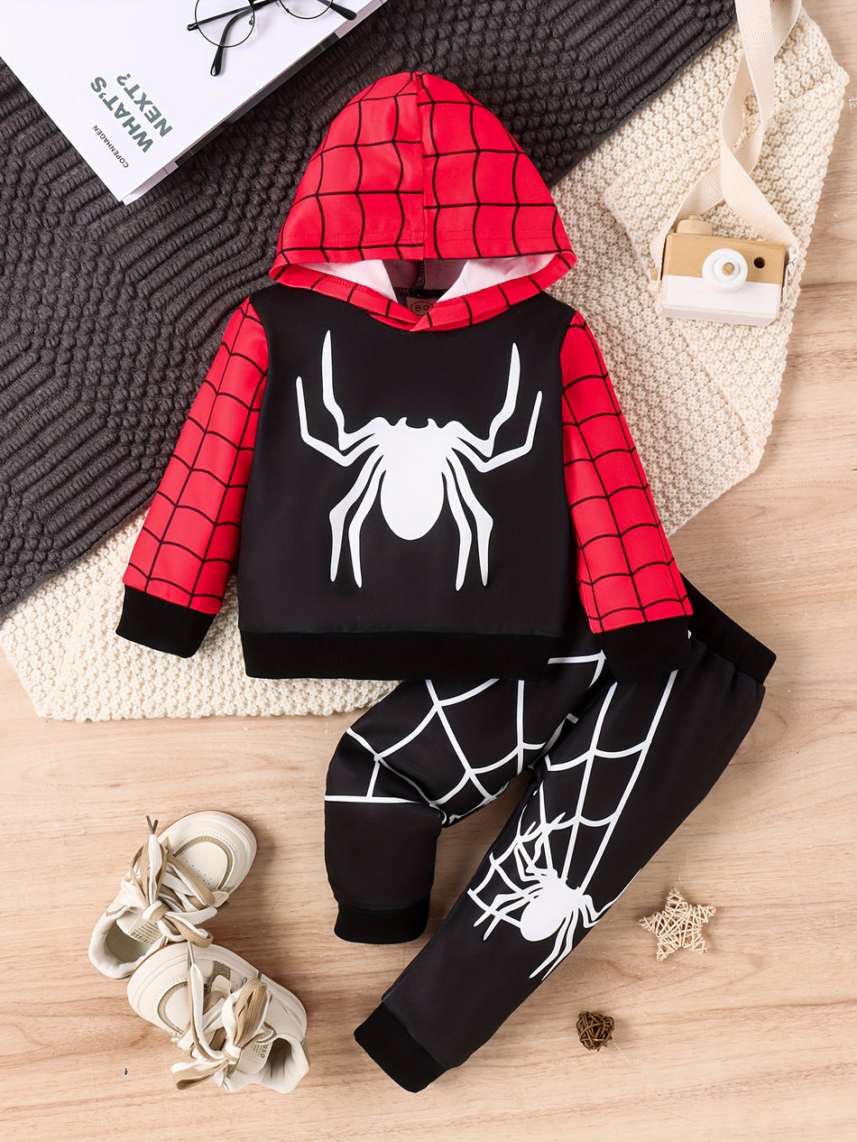 2pcs Boy's Cartoon Spider Print Hooded Outfit, Web Pattern Thin Hoodie & Pants Set, Kid's Clothes For Spring Fall, As Gift