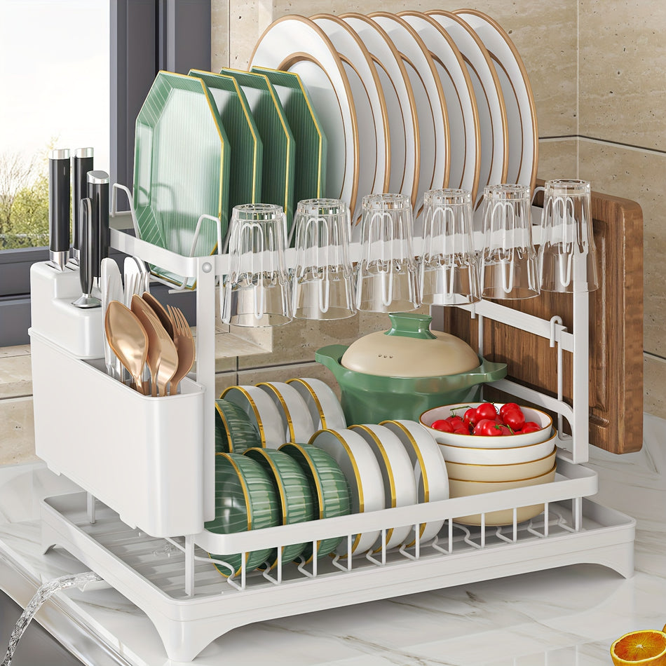 Innovative Double Layer Dish Drying Rack with Utensil Holders - Cyprus