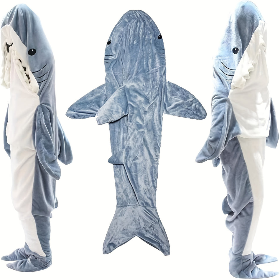 Cozy Shark Flannel Sleeping Bag Blanket - Soft Polyester in Grey/White