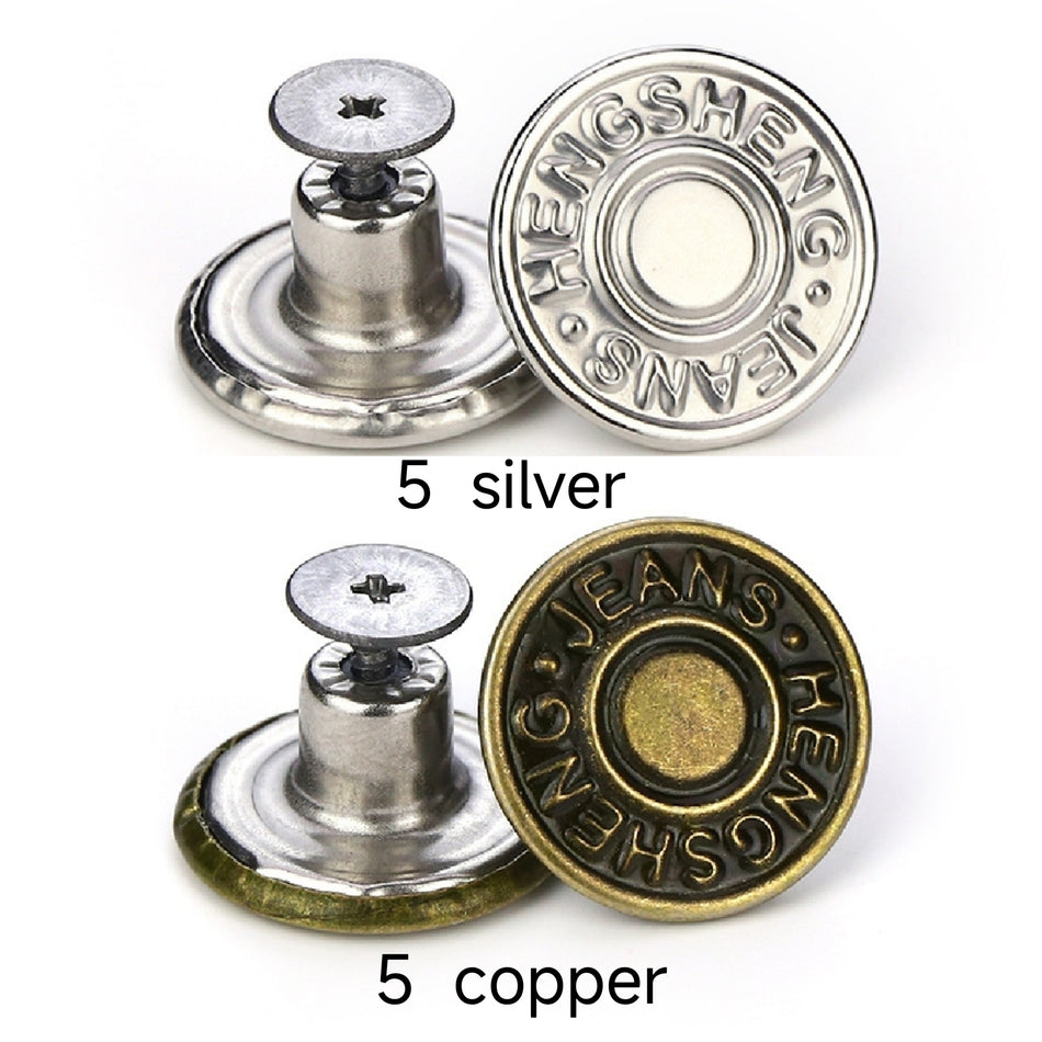 Seam-Free Button Pins For Jeans 5 Silver Color 5 Copper Color Set + Screwdriver - Cyprus