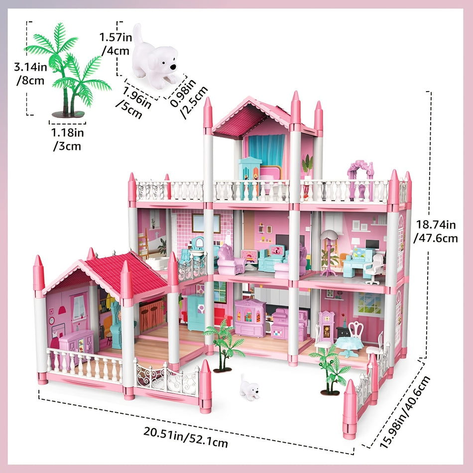 "Dream Prenses Bebek Evi, 3 kat, 9 oda, DIY taklit oyunları, pembe, monte edilmiş oyuncak setleri - Kıbrıs"