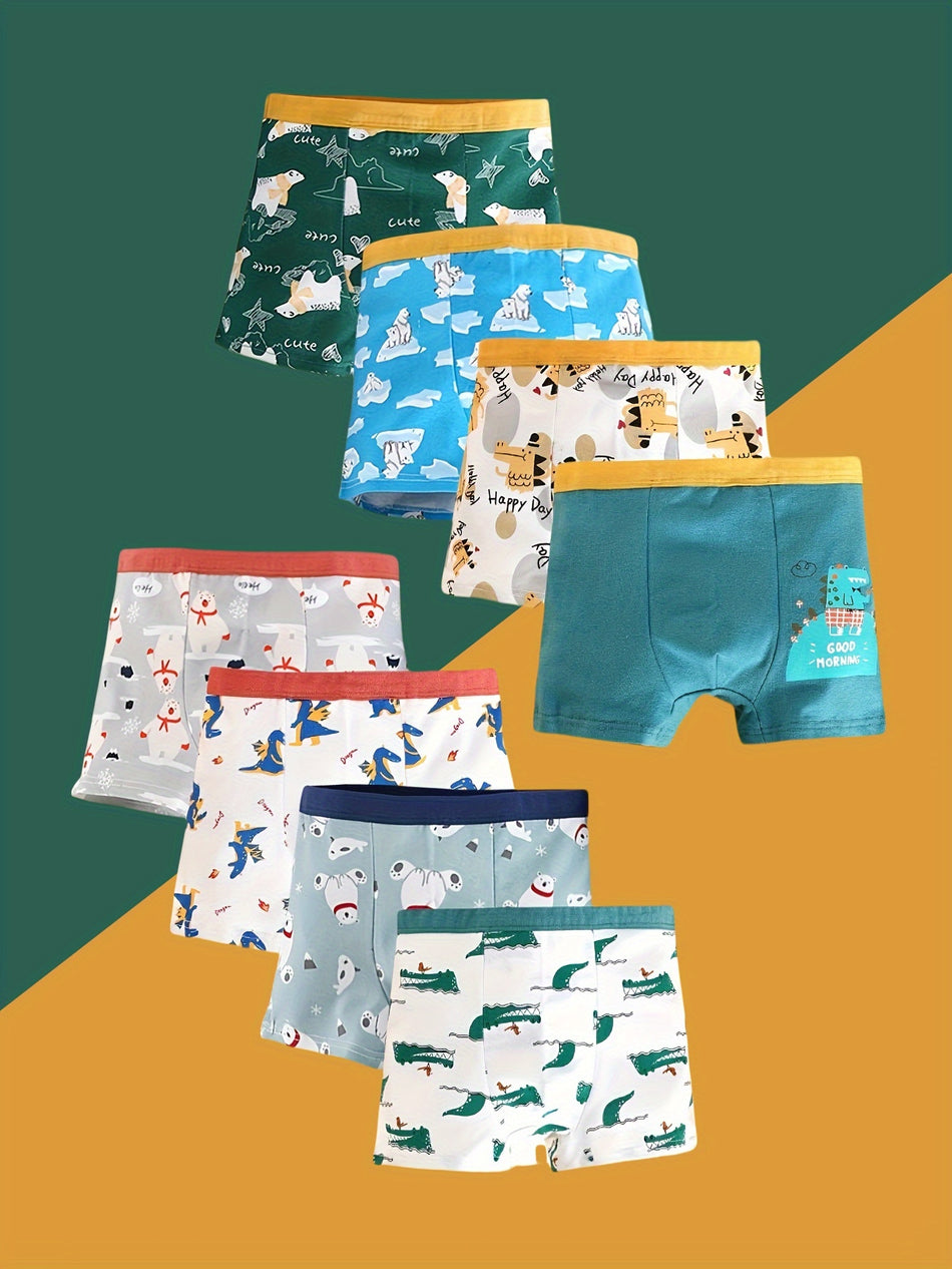 8pcs Boys 'Boys' Boys 'Boys, Cartoon Dinosaur & Bear Print Soft Breathable Cotton Supts Εσώρουχα