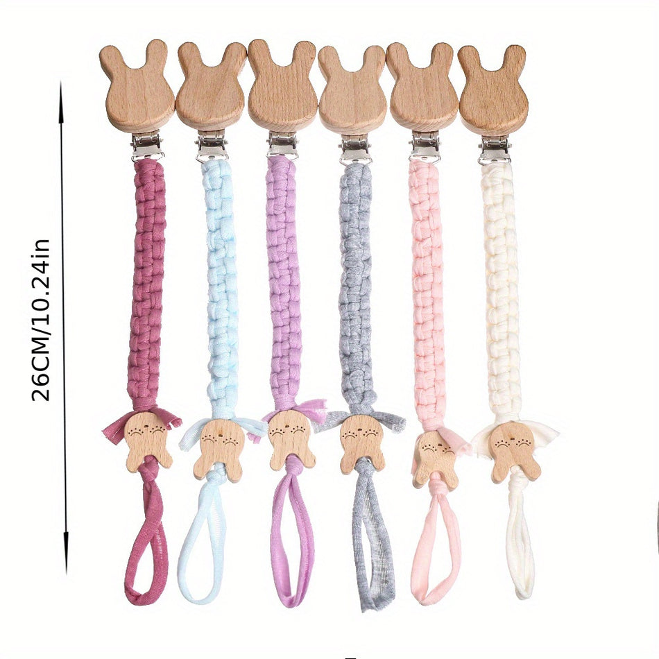 Cute Rabbit Knitted Pacifier Chain with Cartoon Wooden Clip 🐰