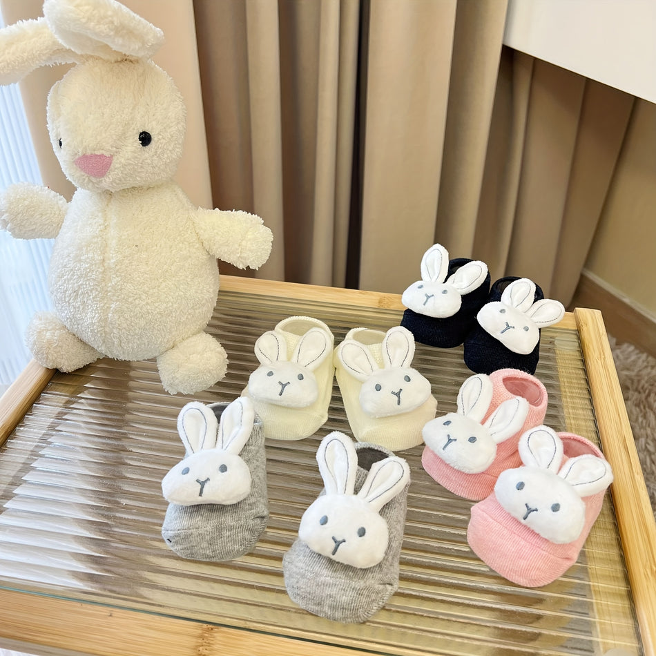 A Pair Of Baby Girl's Cotton Blend Floor Socks With Toy Rabbit Decor & Non Slip Grains, Comfy Breathable Casual Soft & Elastic Socks, Spring & Summer