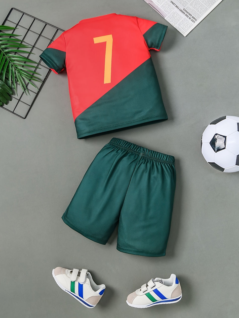 Boys 2-Piece Summer Sportswear Set, Quick-Dry Short Sleeve T-shirt & Shorts, Casual Soccer Outfit For Kids